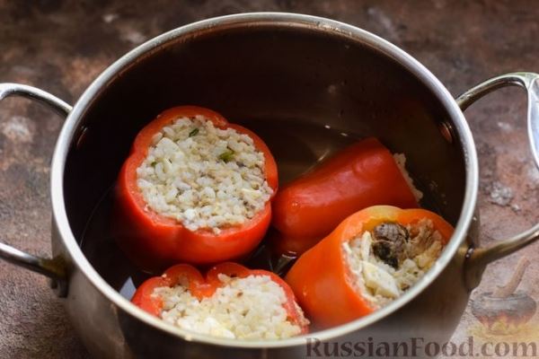 Фаршированные перцы с рисом, консервированными сардинами и варёным яйцом